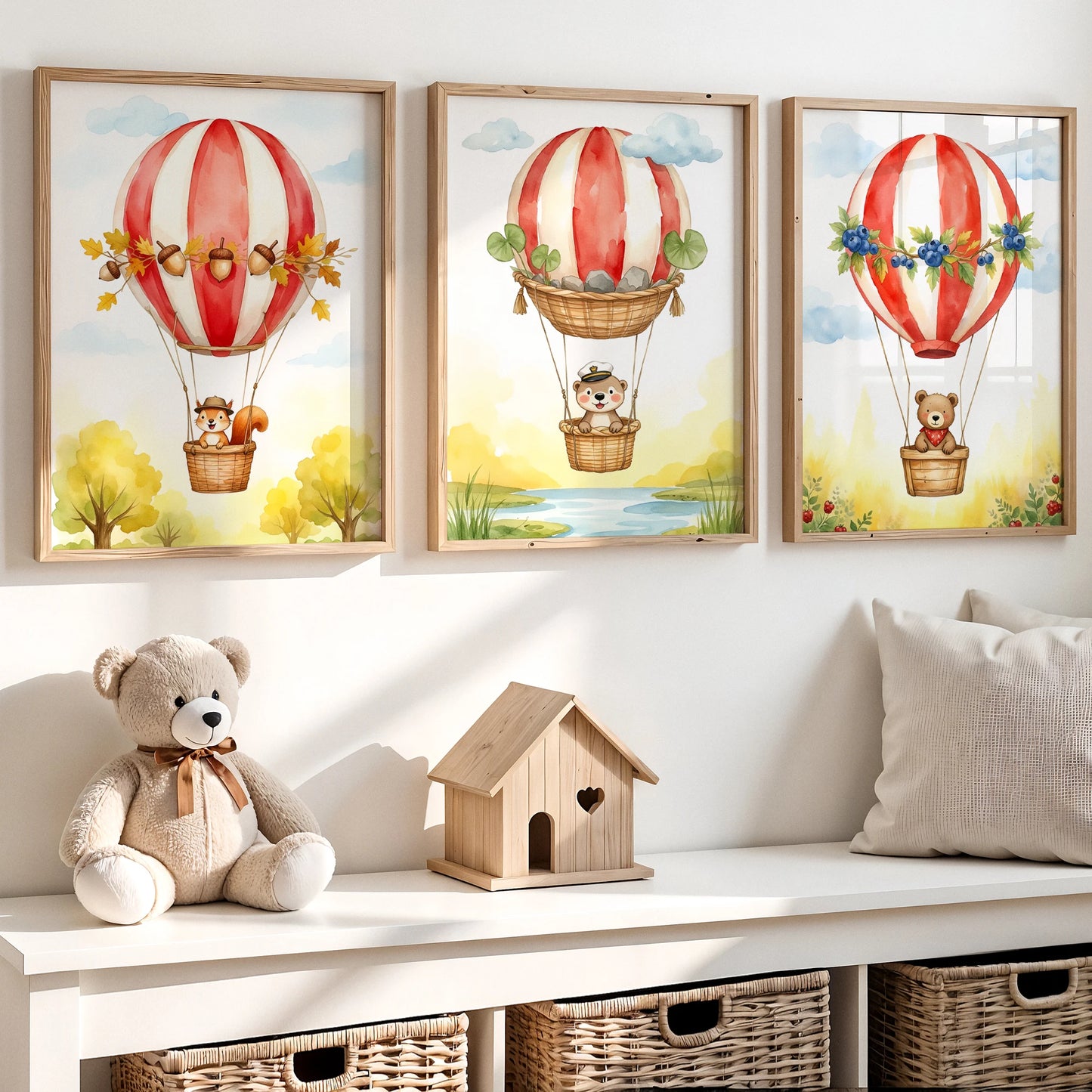 Watercolor Hot Air Balloon Animals Canvas Wall Art | Kids Room