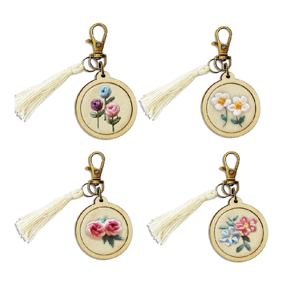 Mini Embroidery Keychain Accessory Set Embroidered Ring Frame Wooden Pendant Hand Embroidered DIY Keychain Handmade Material Kit Peaceful Pleasures Health and Wellness