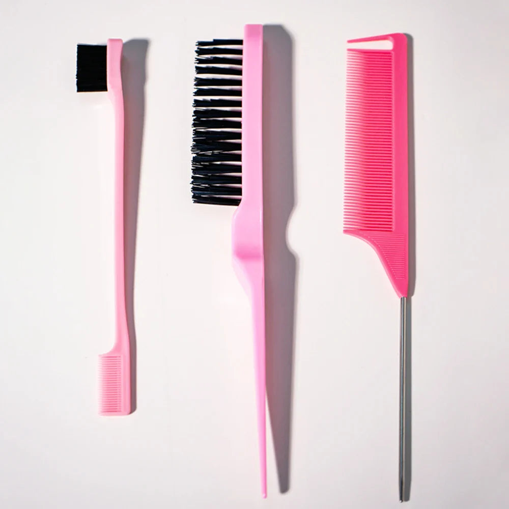 3-Piece Pink Hair Styling Kit – Comb, Teasing Brush & Cleaner