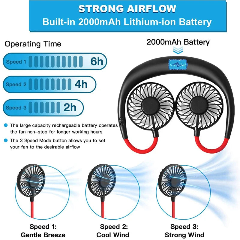 2026 Best Selling Hands-Free 3-Speed Rechargeable Lazy Hanging Neck USB Battery-Powered Cooling Fan for Household Car Peaceful Pleasures Health and Wellness