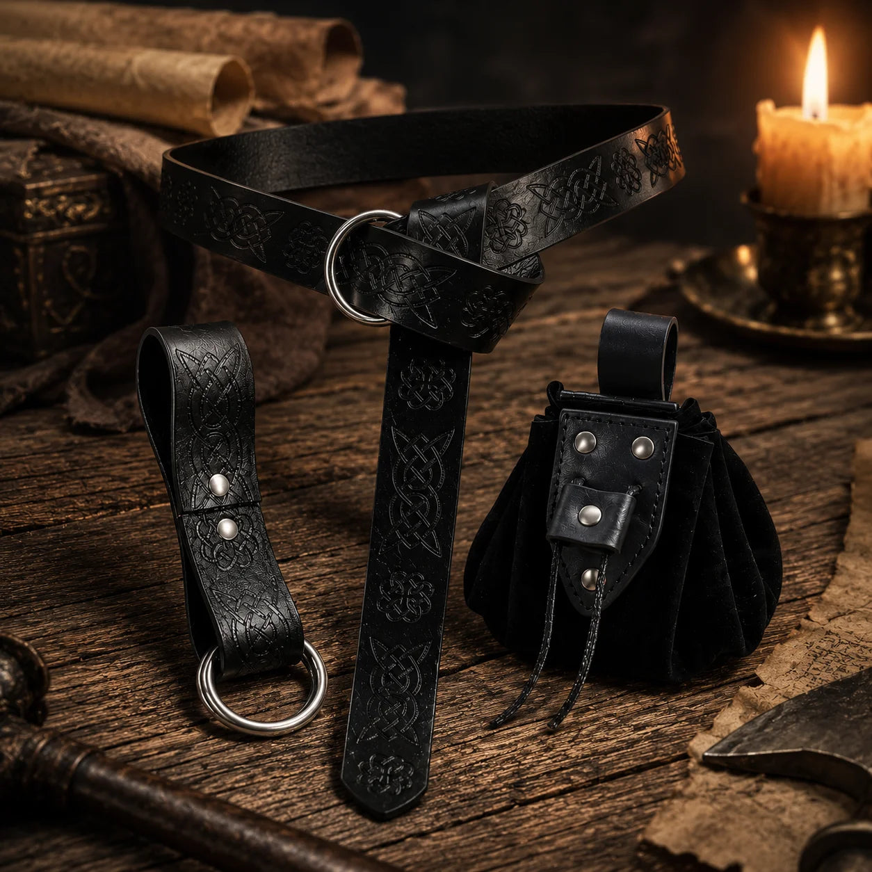 Celtic Leather Belt Pouch Medieval Waist Bag Ring Holder Adjustable