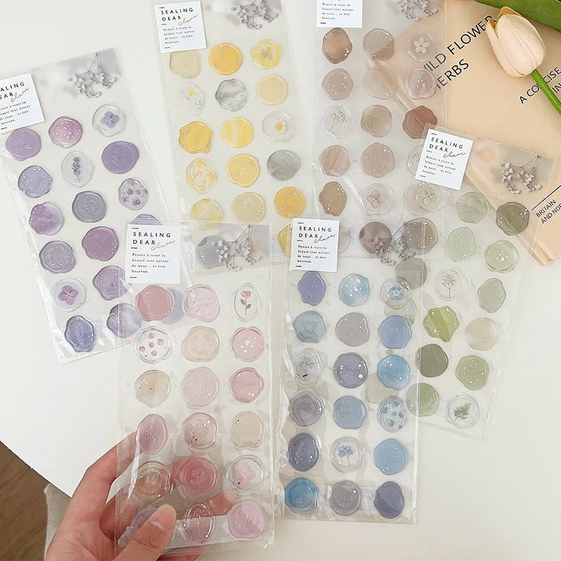 1 Sheet Ins Style DIY Imitation Fire Paint Seal Sticker Transparent Artistic and Beautiful Envelope Sealing Sticker Peaceful Pleasures Health and Wellness