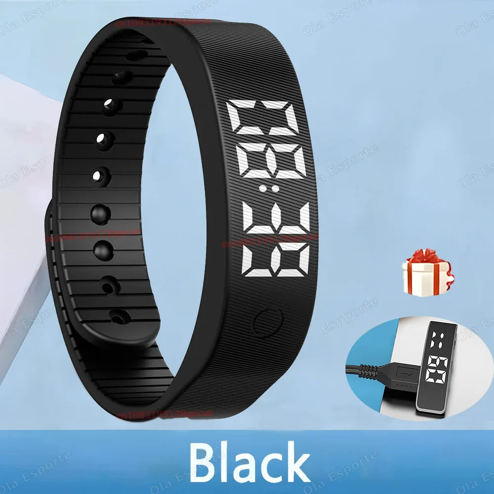 LED Digital Alarm Clock Watch Adjustable Snooze-proof Alarm Bracelet with Running Pedometer IP65 Waterproof Vibrating Alarm Hw12 Peaceful Pleasures Health and Wellness Black A