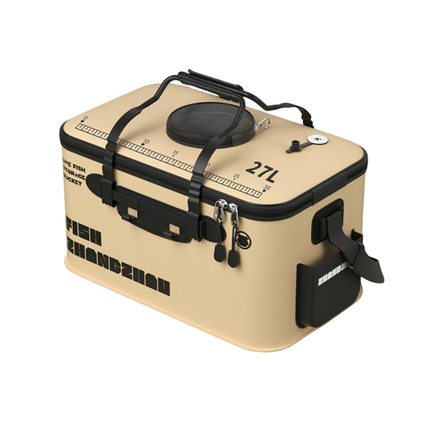 EVA Foldable Fishing Bucket with Shoulder Strap Multifunctional Fishing Bucket with Net Thickened Water Pail for Outdoor Peaceful Pleasures Health and Wellness Khaki 27L