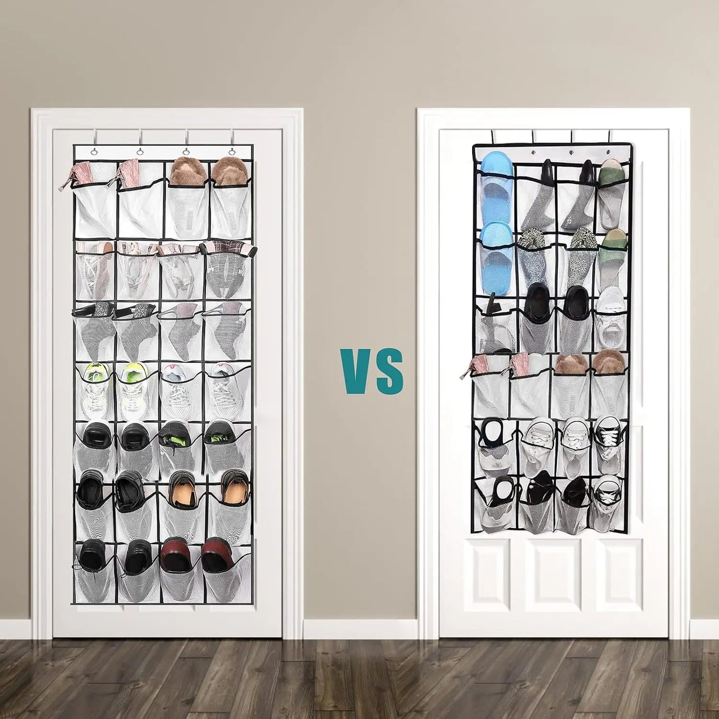 Two shoe organizers on a door with 'VS' in the middle, showing different shoe arrangements.