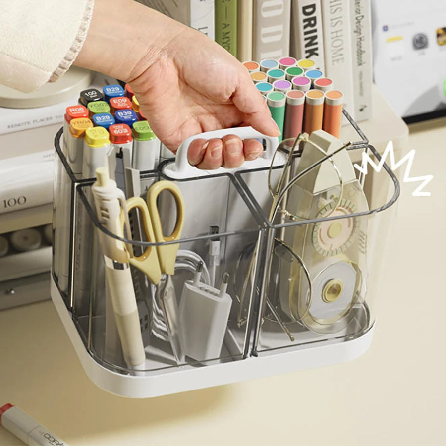 Portable Caddy with Handle – 4-Compartment Stackable Clear Organizer for Pens, Art Supplies & Crafts