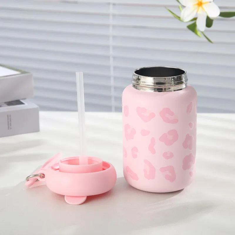 350ml Dopamine Leopard Print Insulated Cup 304 Stainless Steel Mini Straw Portable Car Coffee Cup with Drawstring Water Cup Peaceful Pleasures Health and Wellness