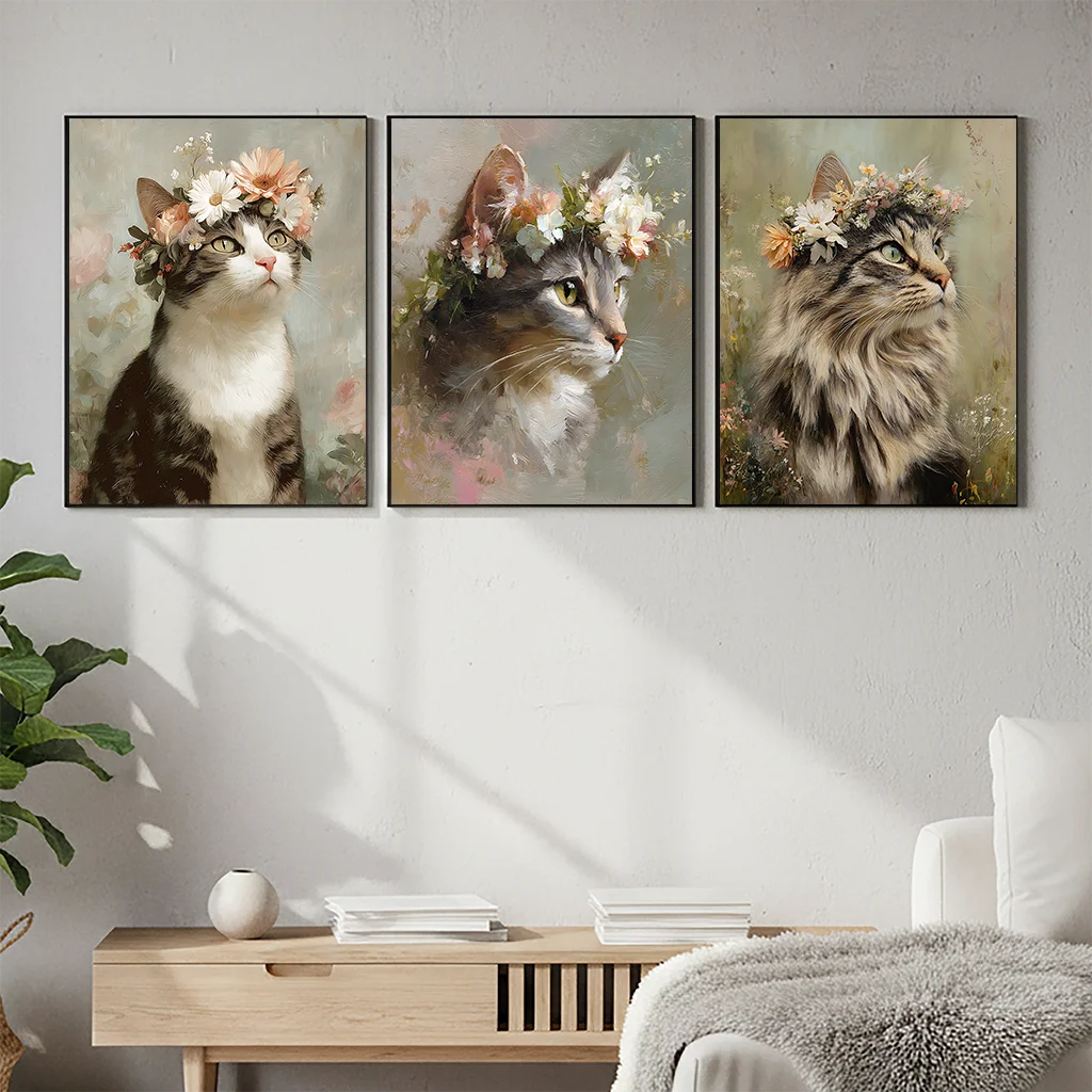 Vintage Animal Wall Art, Plant Floral Cat Canvas Painting, Botanical Poster Print for Bedroom Living Room Wall Decor Peaceful Pleasures Health and Wellness