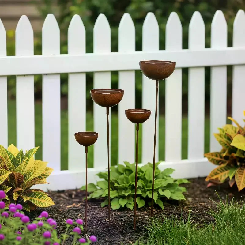 Rustic Metal Rain Catcher Garden Stakes Set of 3 | Yard Decor