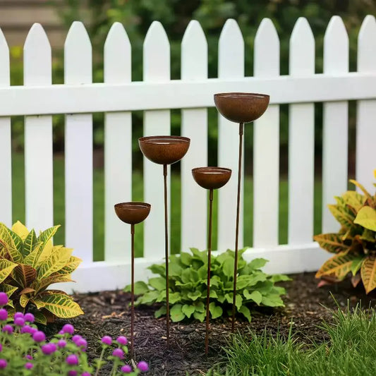Rustic Metal Rain Catcher Garden Stakes Set of 3 | Yard Decor Garden Stake Ornament Peaceful Pleasures Health and Wellness