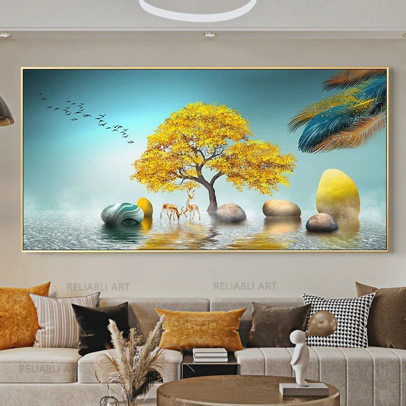 Chinese Feng Shui Golden Rich Tree Canvas Painting Wall Art Deer Landscape Lucky Stone Posters Wall Art for Living Room Decor Peaceful Pleasures Health and Wellness w2624 golden-3 20x40cm