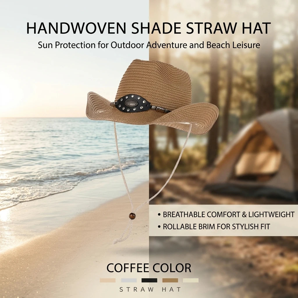 Western Cowboy Straw Hat Wide Brim Sun Protect Retro Outdoor Camping Beach Hat Adjustable Headband Peaceful Pleasures Health and Wellness
