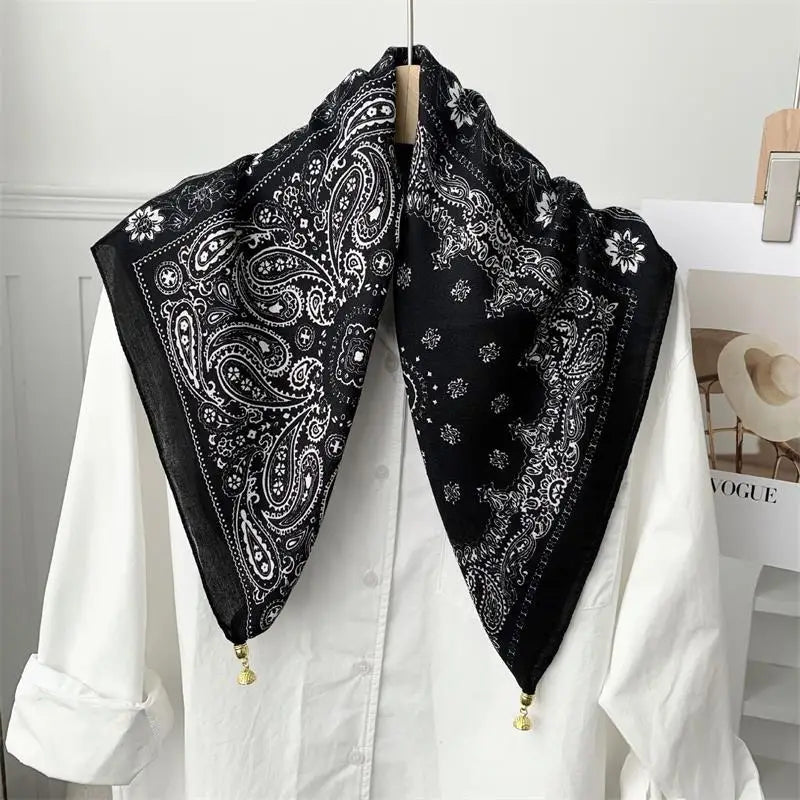 70x70 Retro Print Square Silk Scarf with Magnetic Buckle