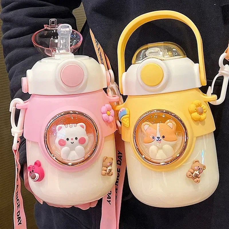 Cute Kids Water Bottles Plastic Sippy Cup with Strap Rope Portable Leakage-proof Cartoon Water Cups Drinkware Cartoon Student Peaceful Pleasures Health and Wellness