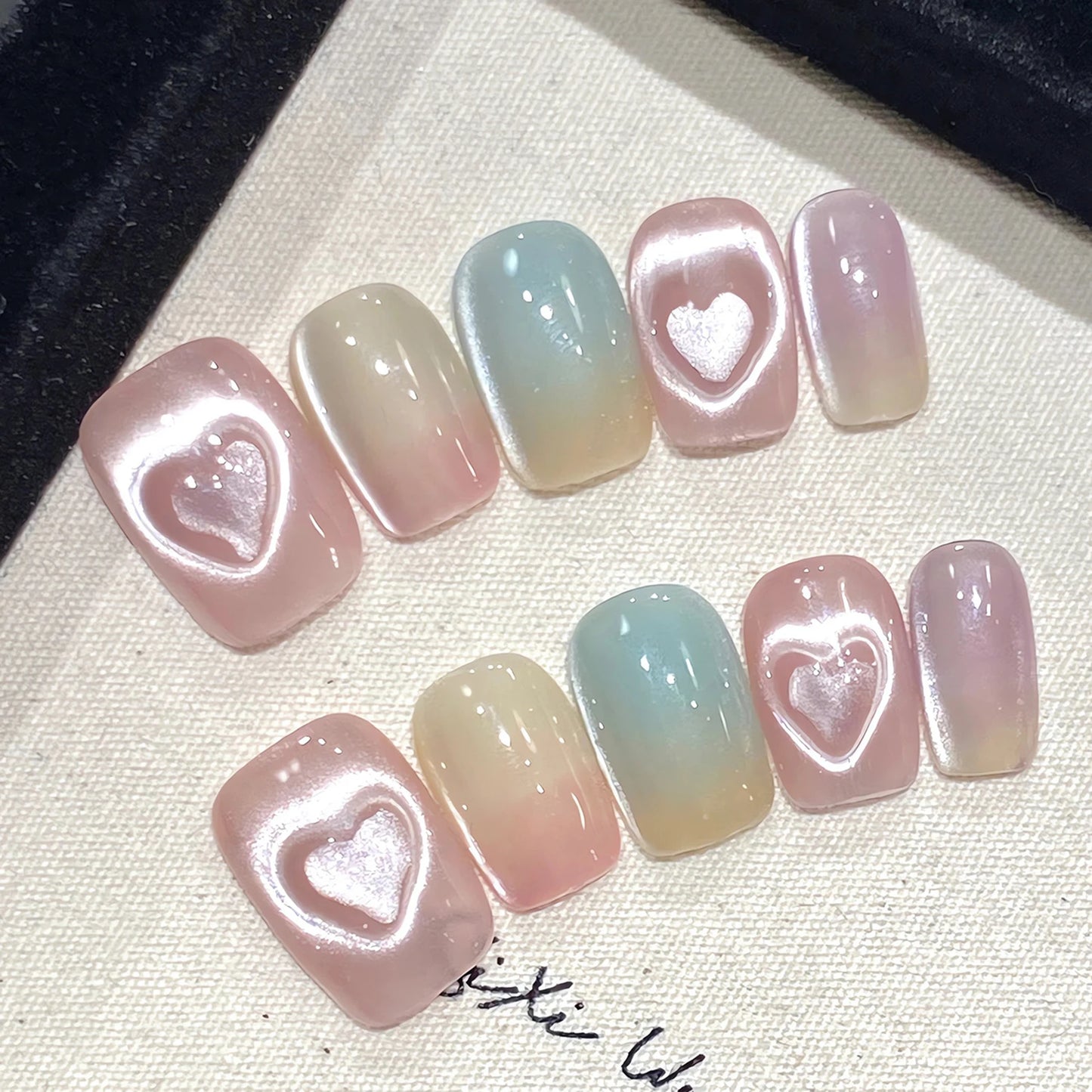 Sweet Pink Heart Cat Eye Press On Nails | Coffin Ballet Shape