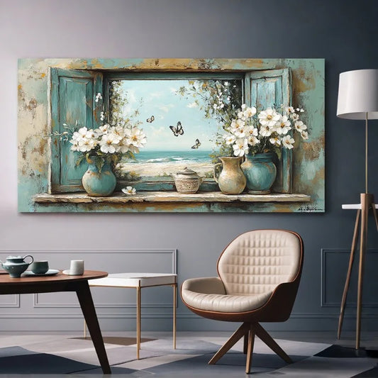Serene Beach Canvas Wall Art – Flowers & Butterflies Print Canvas Wall Art Print Peaceful Pleasures Health and Wellness