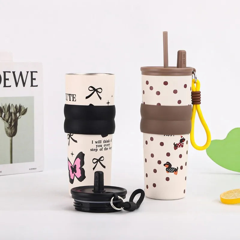 2026 Hot 710ML Printed Bow Vacuum Cup Insulation Or Cooling Stainless Steel Cup With Lifting Rope High-Capacity Insulated Cup Peaceful Pleasures Health and Wellness