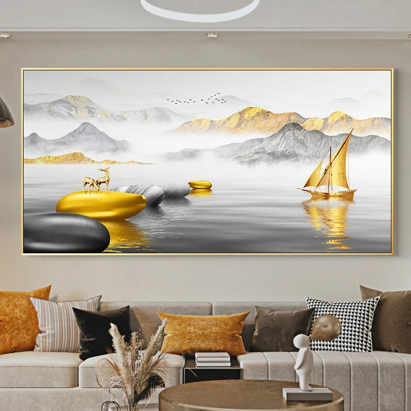 Chinese Feng Shui Golden Rich Tree Canvas Painting Wall Art Deer Landscape Lucky Stone Posters Wall Art for Living Room Decor Peaceful Pleasures Health and Wellness w2624 golden-28 50x100cm