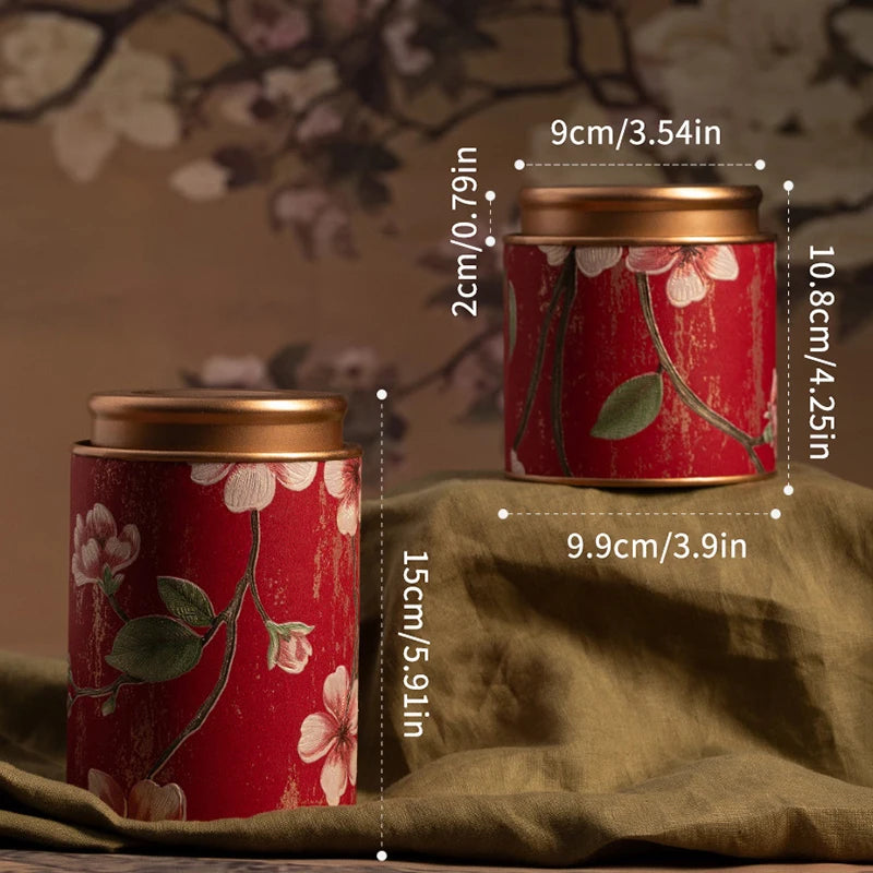 Chinese Floral Round Tea Tin Canister | Airtight Storage Box