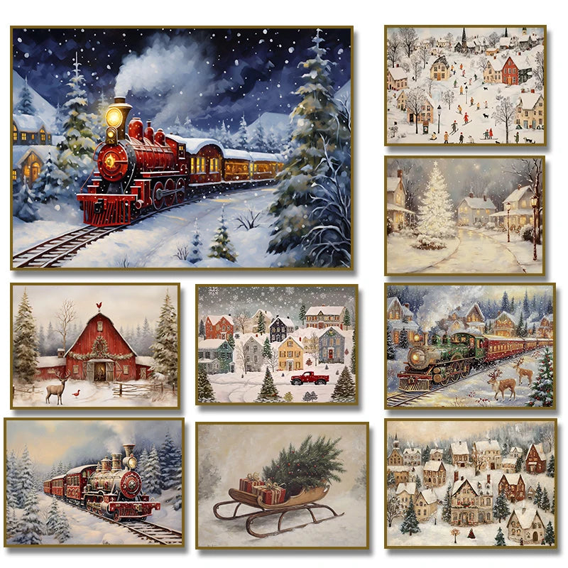 Vintage Christmas Train Holiday Winter Snow Farmhouse Town Village Poster Print Canvas Painting for Living Room Home Decor Peaceful Pleasures Health and Wellness