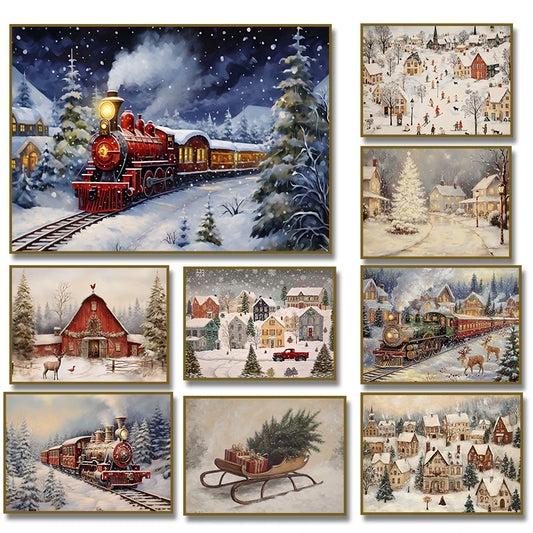 Vintage Christmas Train Holiday Winter Snow Farmhouse Town Village Poster Print Canvas Painting for Living Room Home Decor Peaceful Pleasures Health and Wellness