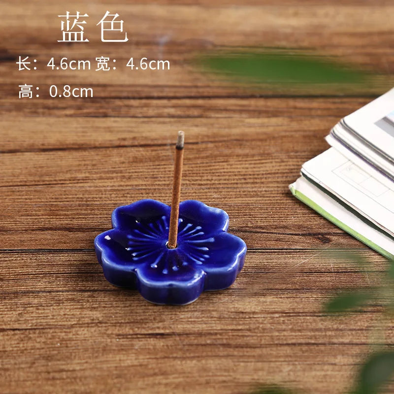 Ceramic Cherry Blossom Incense Holder Wax Melt Burner Holder Aromatherapy Office Teahouse Living Room Ornament Insence Burner Peaceful Pleasures Health and Wellness dark blue