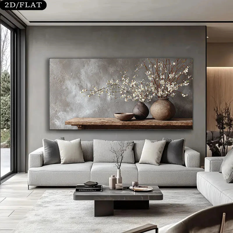 Large Frameless Abstract Canvas Art Vintage White Branches in Rustic Vases Pattern, Wall Decor for Living Room, Bedroom Wall Art Peaceful Pleasures Health and Wellness