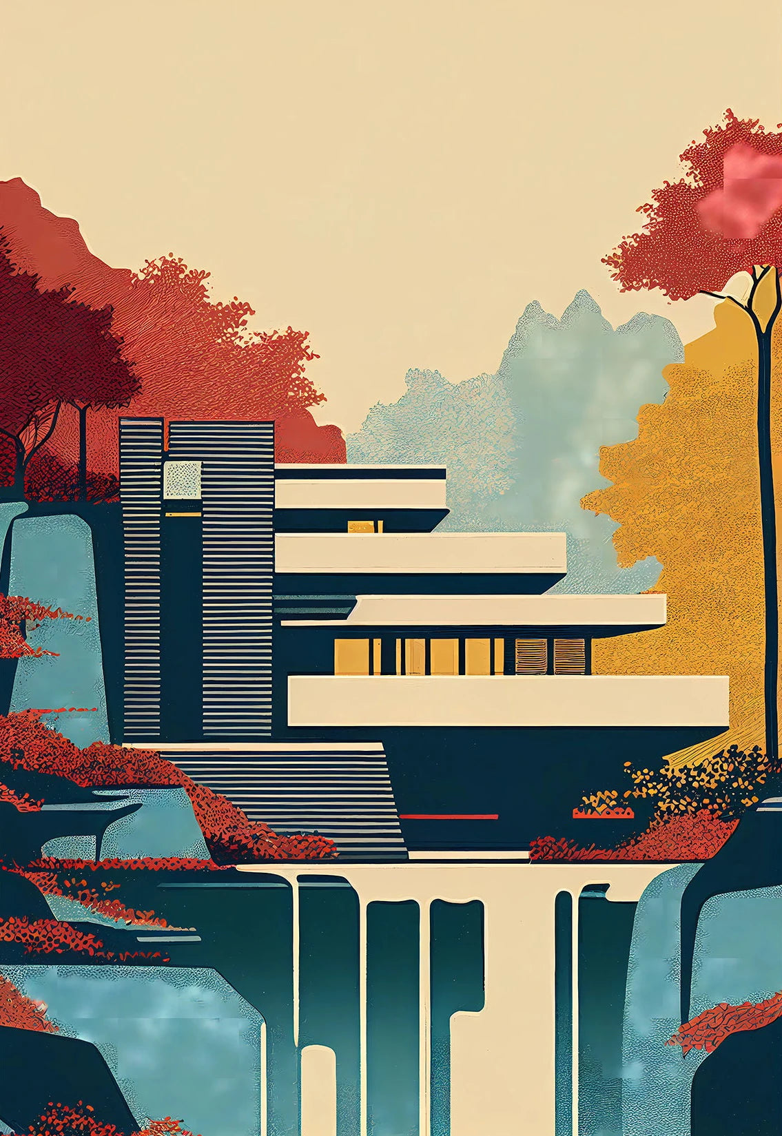 Fallingwater Bauhaus Architecture Abstract Canvas Wall Art Print