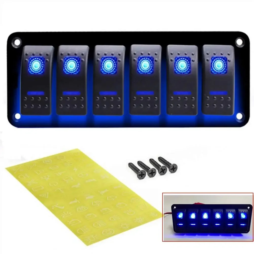 6 Gang Aluminum Rocker Switch Panel – Blue Backlit Peaceful Pleasures Health and Wellness Blue LED United States
