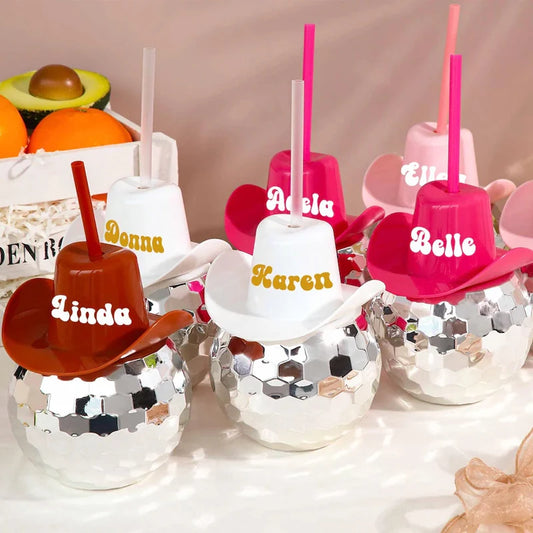 Personalized Disco Ball Cowboy Hat Cup 20oz | Bachelorette Party Party Drinkware Peaceful Pleasures Health and Wellness