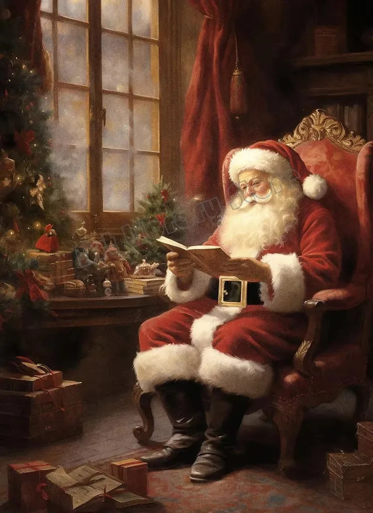 Vintage Santa Claus Portrait in Mistletoe Reading Letters Toy Cookie Poster Canvas Painting Wall Pictures Christmas Home Decor Peaceful Pleasures Health and Wellness ZLH5423 20x30cm No Frame
