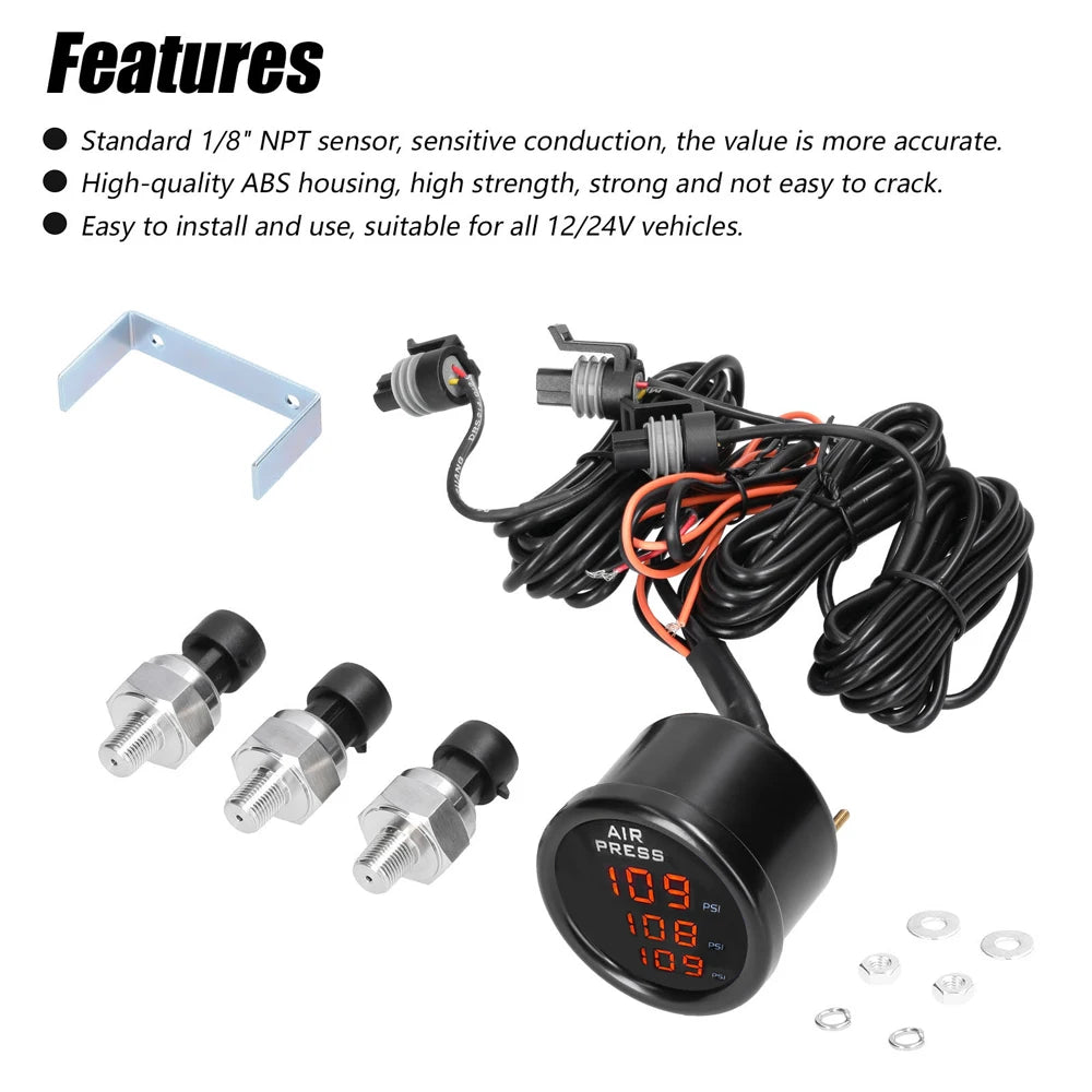 LED Digital Air Suspension Gauge 0-220PSI Triple Display Pressure