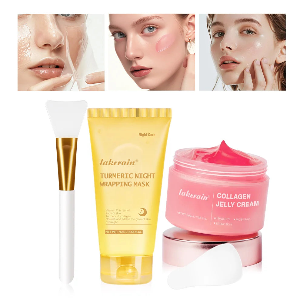 Collagen Overnight Facial Mask Collagen Jelly Cream Hydrolyzed Wrapping Peel-Off Mask Hydrating Firming Moisturizing SkinCare Peaceful Pleasures Health and Wellness 3pcs1set