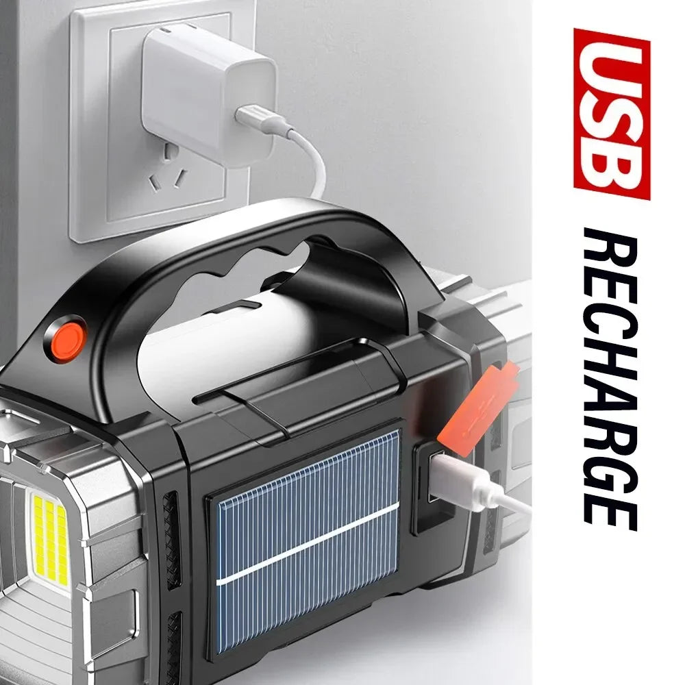 Solar USB Rechargeable LED Flashlight COB Torch & Power Bank
