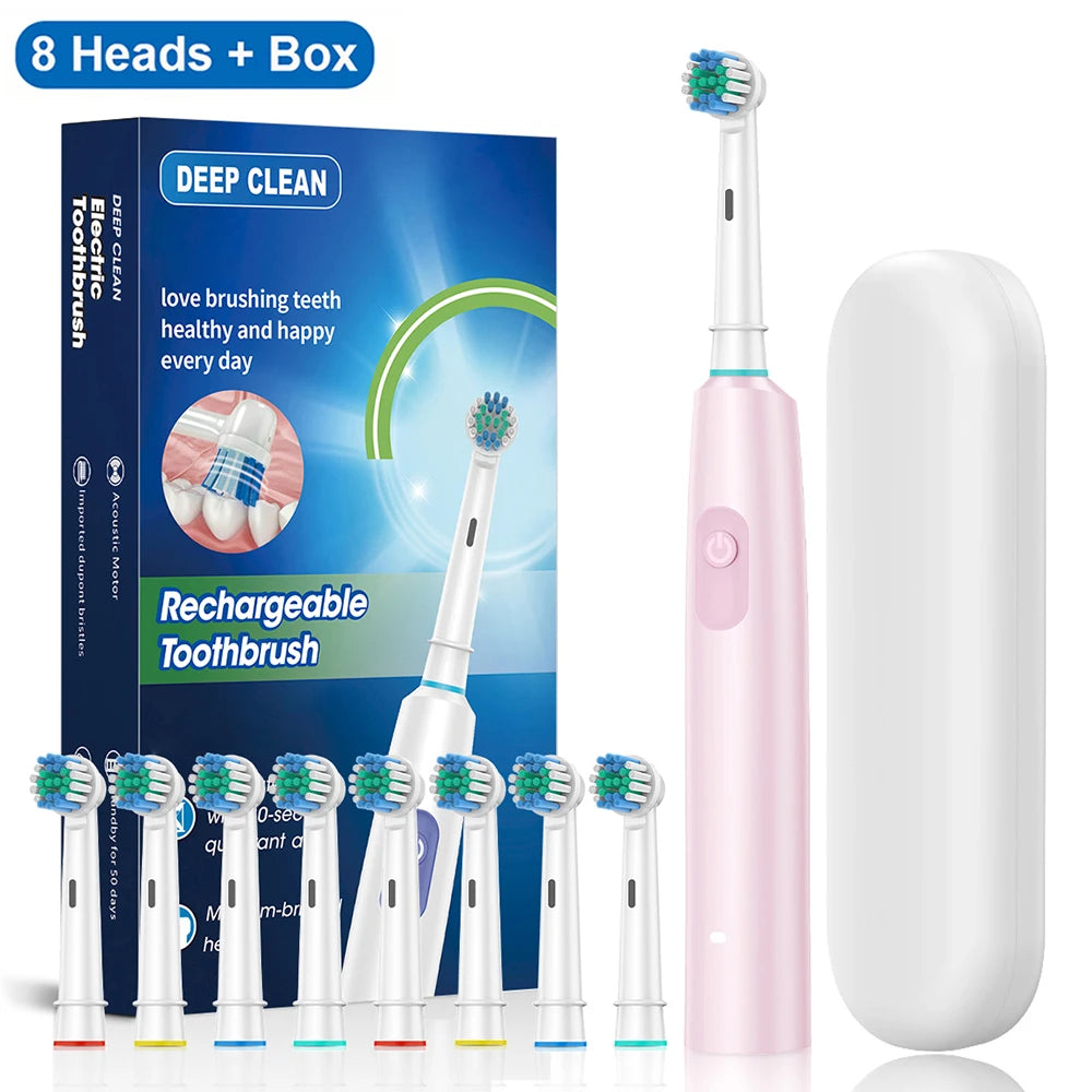 Electric Toothbrush Rotary Rechargeable Electric Toothbrush for Adults Rotating Electric Toothbrushes with 8 Soft Brush Heads Peaceful Pleasures Health and Wellness Pink 8 Heads Box