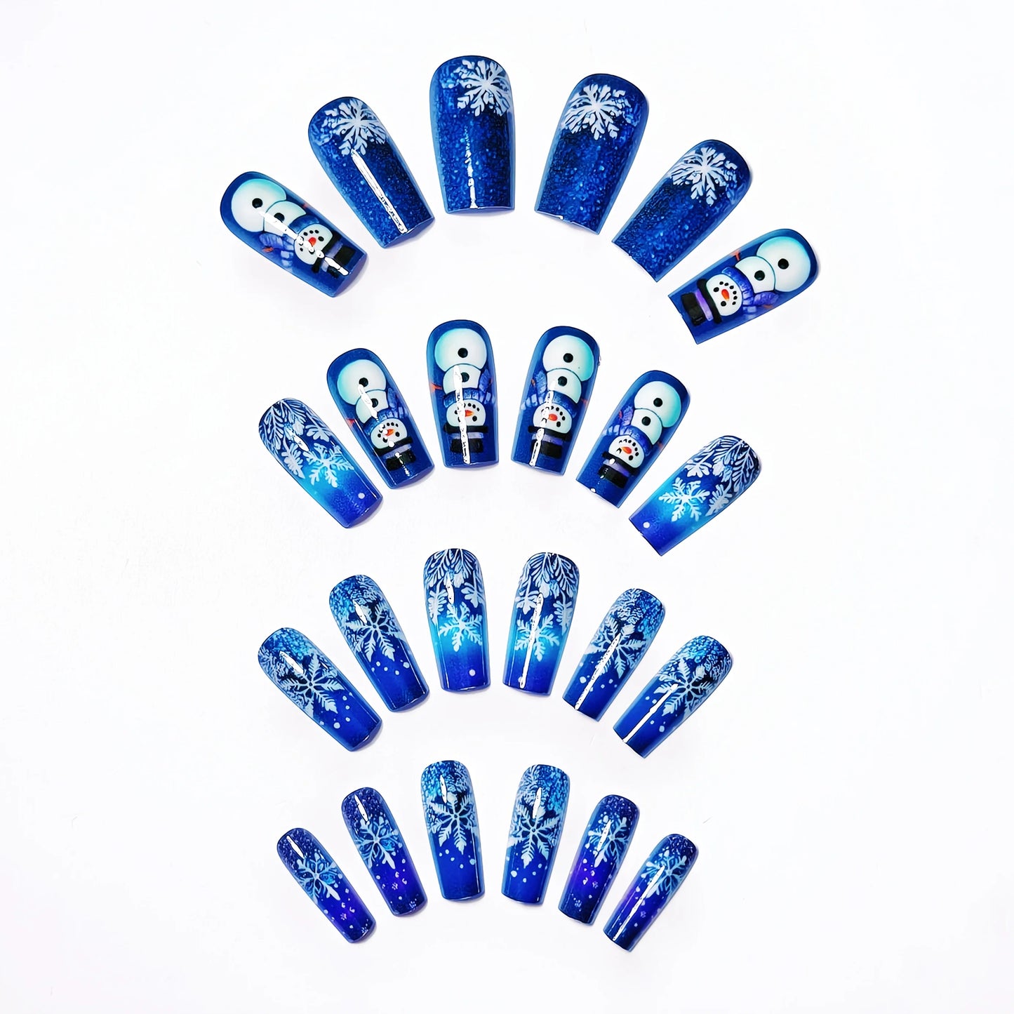 4 pieces of shimmering blue-purple gradient Christmas nail stickers with snowflakes and snowman designs – medium-length, glossy Peaceful Pleasures Health and Wellness