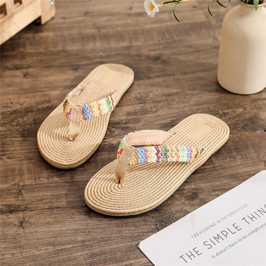 JPNTKY Faux Grass Woven Women's Flat Sandals | Beach Flip Flops Women's Flat Sandals Peaceful Pleasures Health and Wellness A 36
