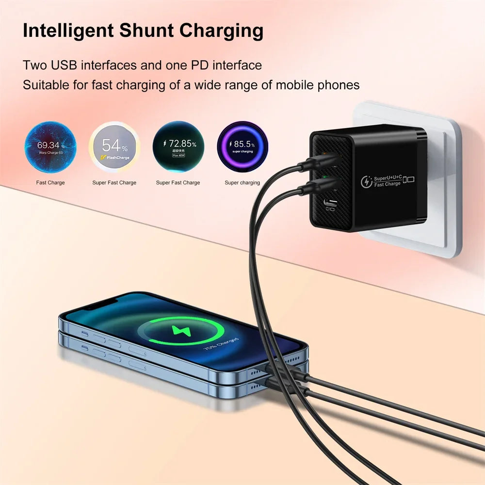 48W USB-C Fast Charger 3-Port PD QC3.0 Wall Adapter EU/US/UK