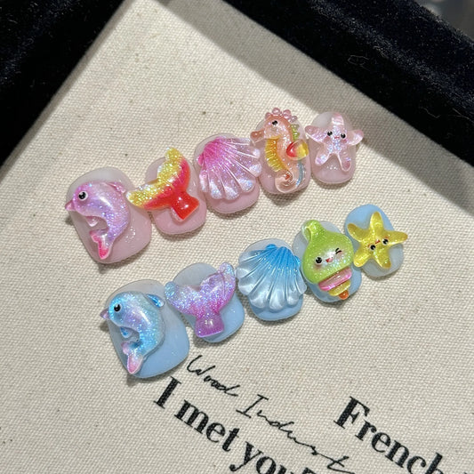 Handmade Press on Nails Ocean Seahorses Starfish Whales Fake Nails for Women Girl Wearable Cartoon Cute Shiny Short False Nails Peaceful Pleasures Health and Wellness XS