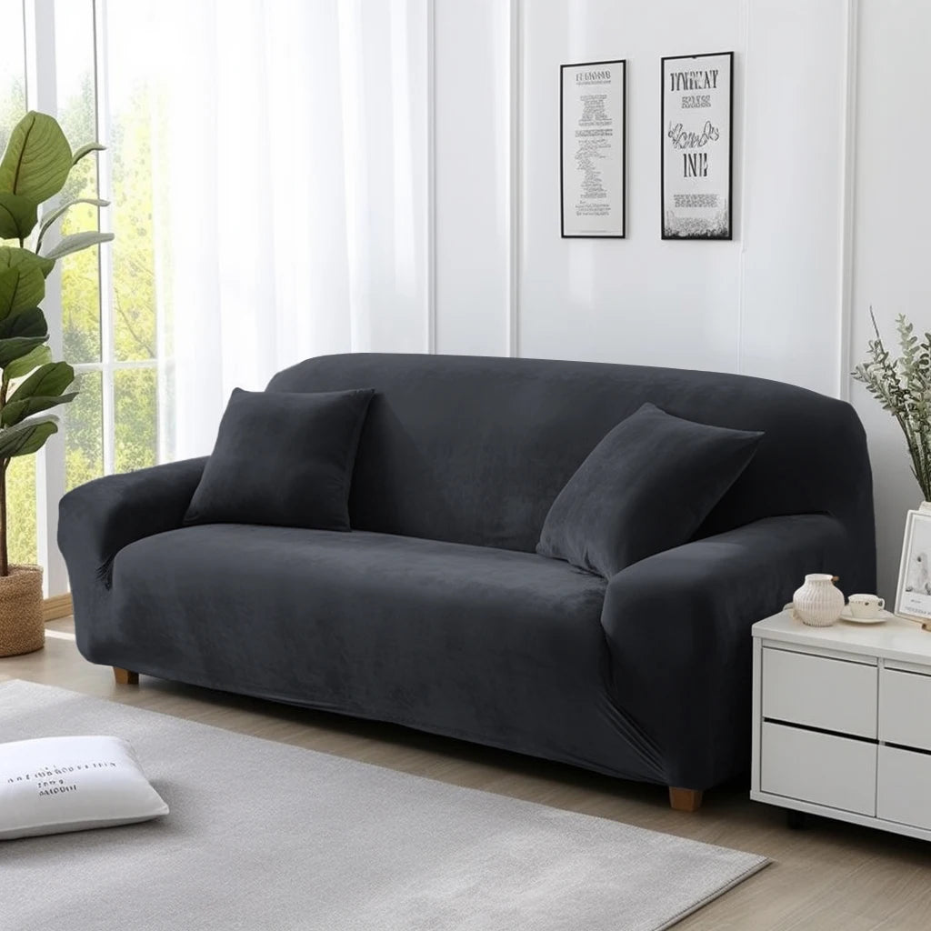 Thick Velvet Sofa Covers 1 2 3 4 Seater Stretch Non-Slip Couch Cover Furniture Protector Plush Sofa Slipcovers with 1 Pillowcase Peaceful Pleasures Health and Wellness Dark Grey 1seat (90-140cm)