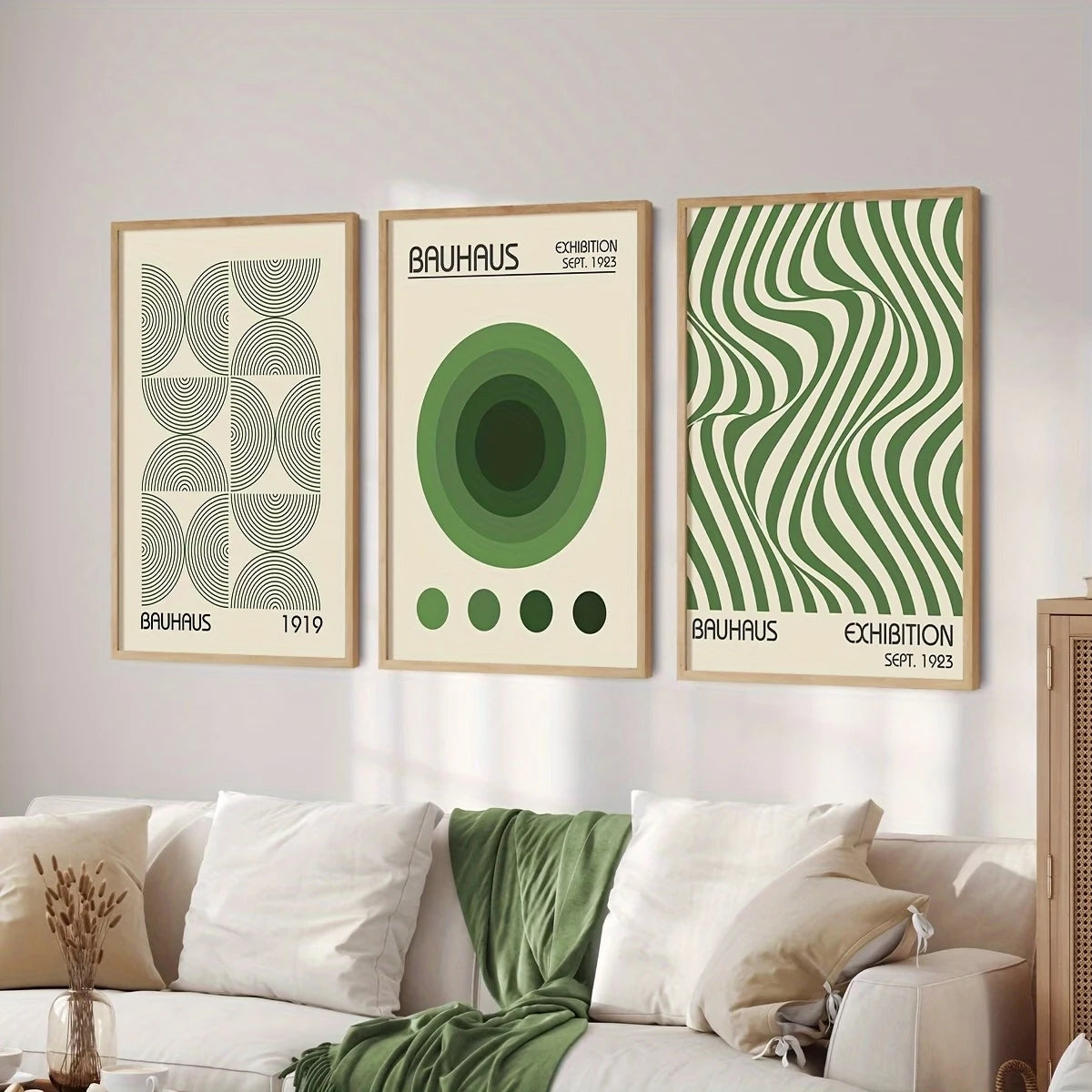 3-Piece Minimalist Green Bauhaus Canvas Wall Art Set