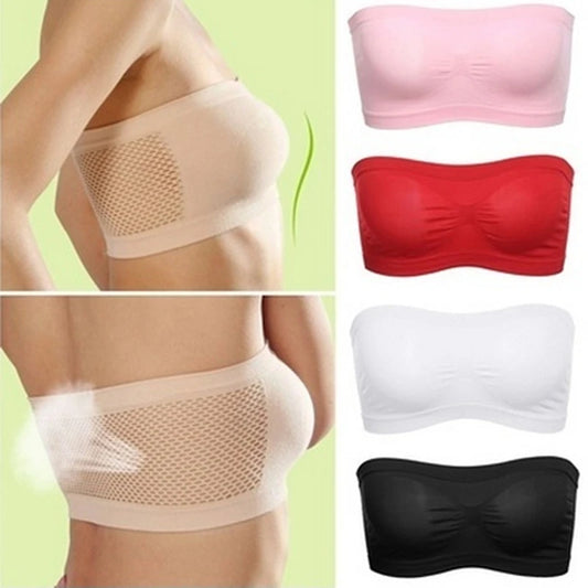 Lady's Sexy Strapless Crop Top Bra Bandeau Boob Tube Brassiere Summer Breathable Mesh Invisible Strapless without Chest Pad Wrap Peaceful Pleasures Health and Wellness