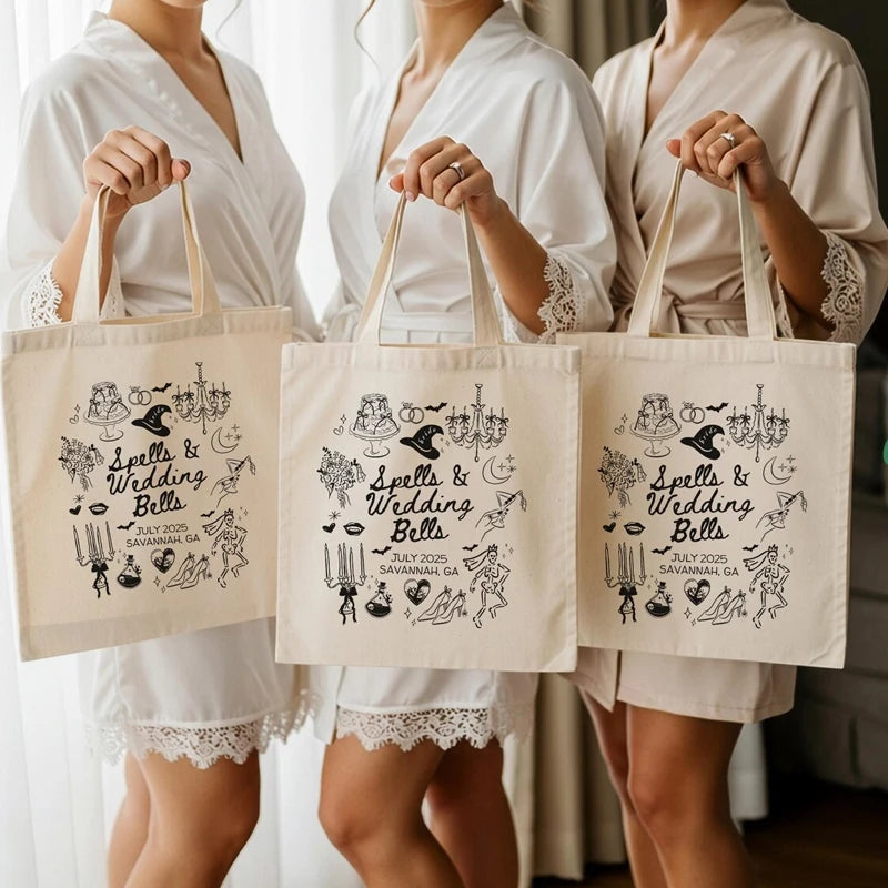 Personalized Witchy Gothic Wedding Bells Canvas Tote Bag | Bachelorette Personalized Tote Bag Peaceful Pleasures Health and Wellness