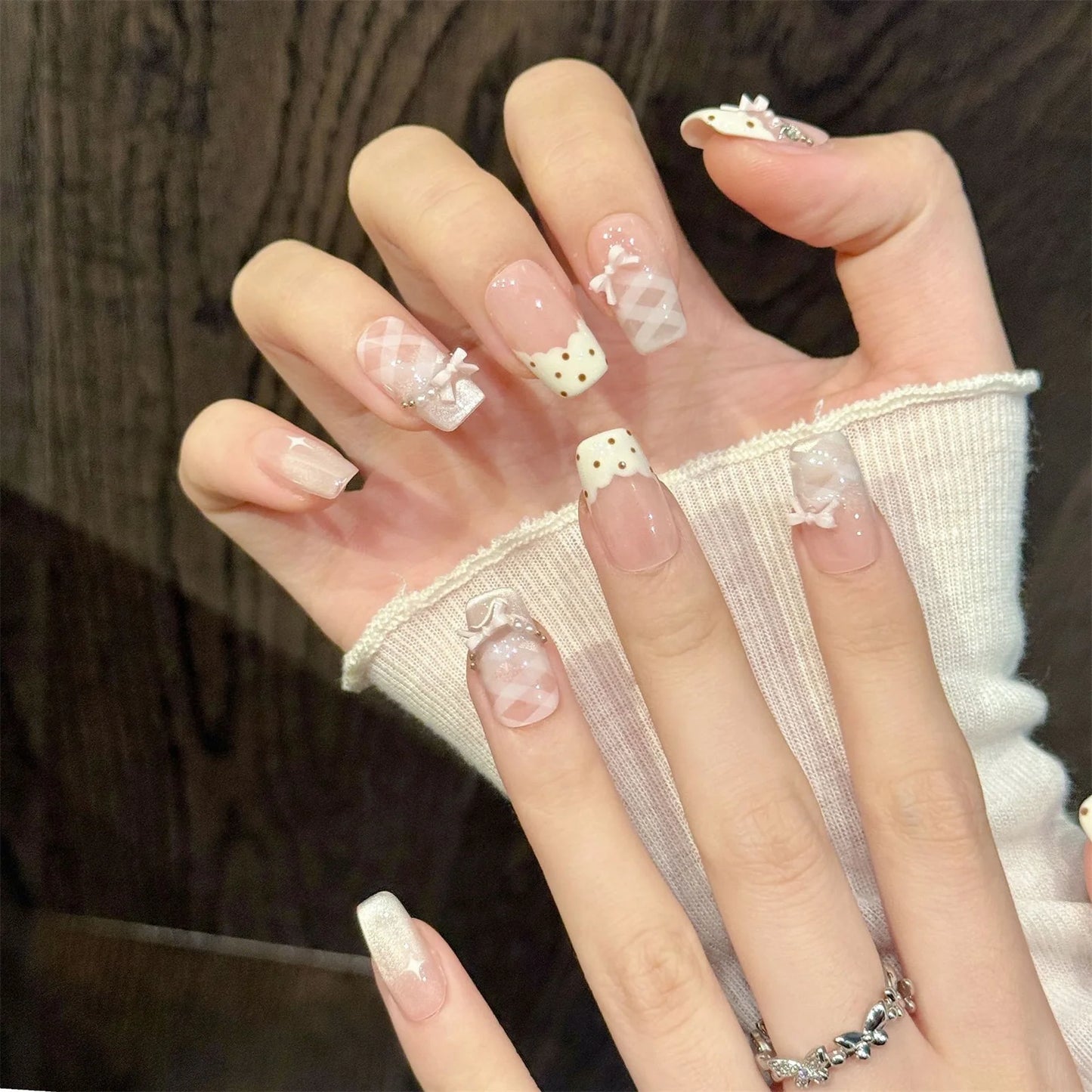 10pcs Sweet Stars Bow Handmade Fake Nails Press on Nails Gentle Cat's Eye Fake Nails French Tips Detachable Wedding False Nails Peaceful Pleasures Health and Wellness