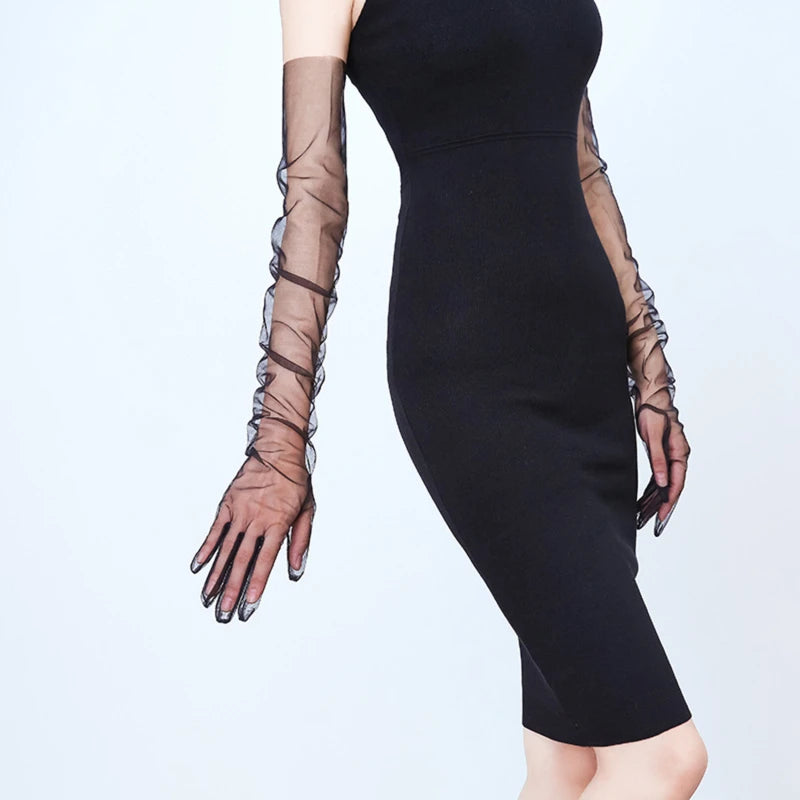 Women Ultra Tulle Gloves Mesh Sheers Full Finger Elbow Long Gloves Female Vintage Sunscreen Gloves Wedding Bride Dress Mittens Peaceful Pleasures Health and Wellness Black One Size