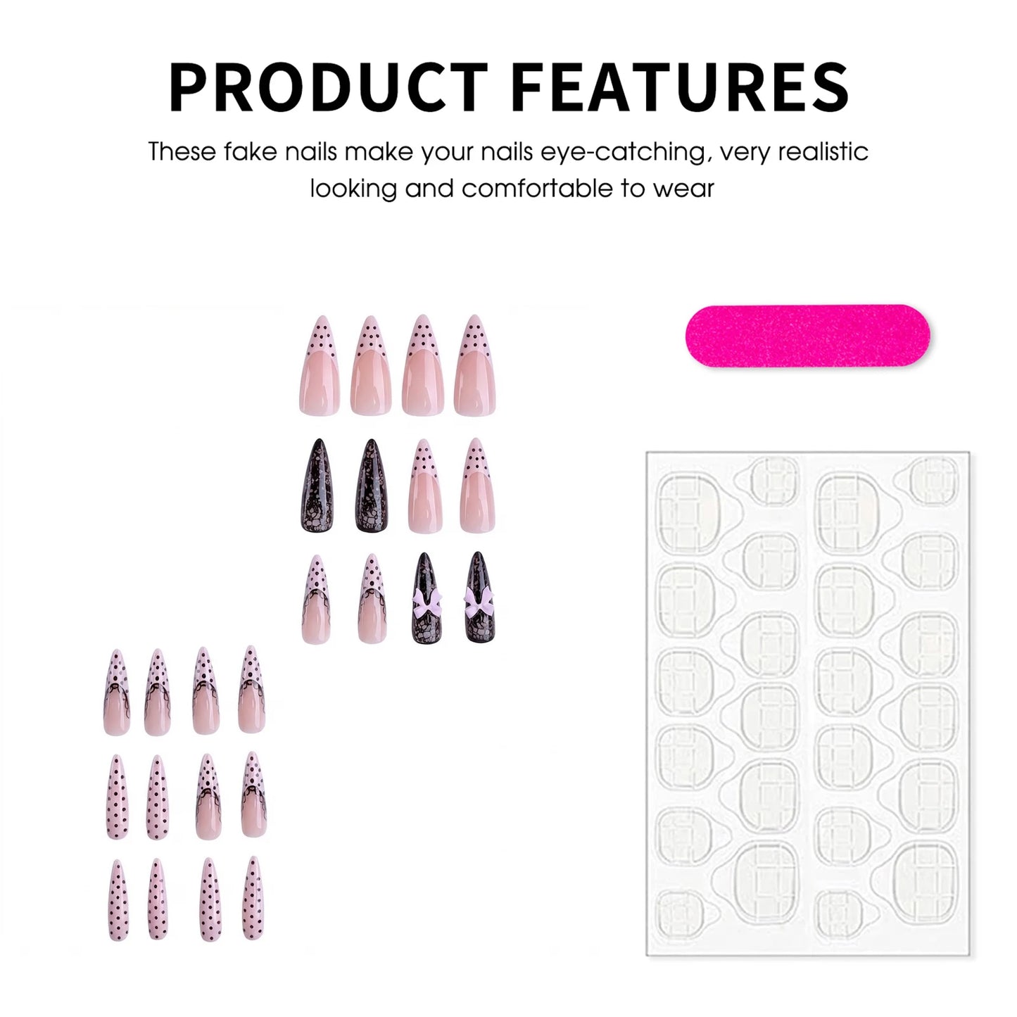 24pcs Sweet Y2k Style False Nails Elegant Almond Shape For Party Wedding Black Polka Dot Lace Press On Nails French Manicure Kit Peaceful Pleasures Health and Wellness