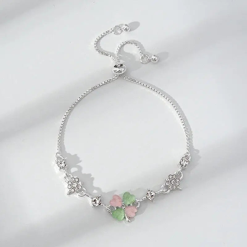 Four Leaf Clover Zircon Opal Charm Bracelet | Adjustable Bangle