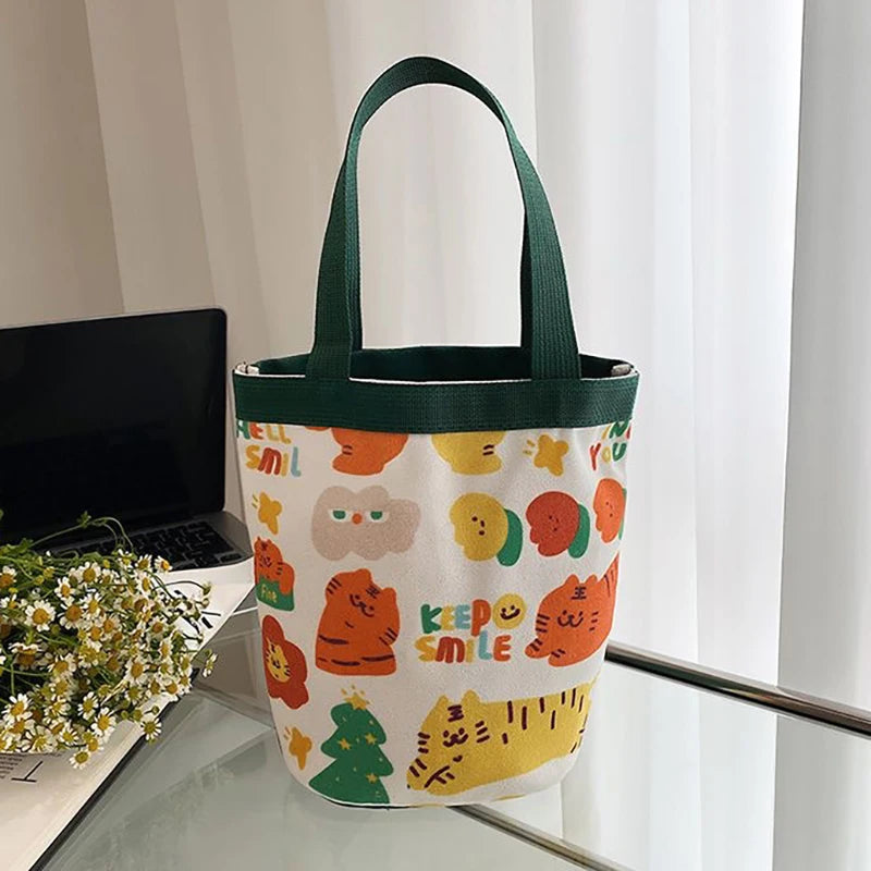 Cute Animal Doodle Canvas Bucket Bag | Cylindrical Lunch Tote