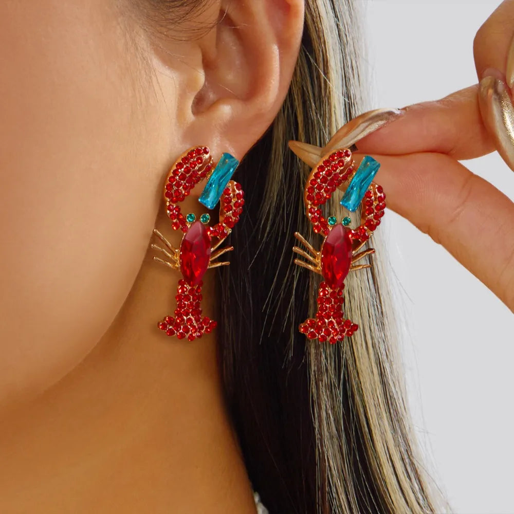Lobster Drop Earrings – Enamel & Crystal Zircon Ocean Jewelry