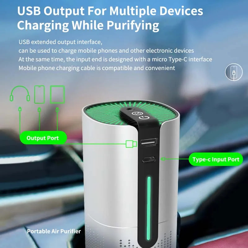 VNegative Ion Anion Ultraviolet Filter UVC Light Ionizer Generator Plasma Portable Mini Cleaner Auto Air Purifier Car Peaceful Pleasures Health and Wellness